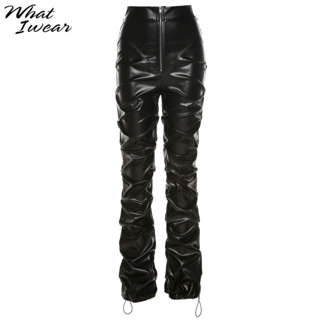 Whatiwear Faux PU Leather High Waist Black Stacked Pants Women Pants Clothing Fashion Hipster Street Style Long Trousers Hot