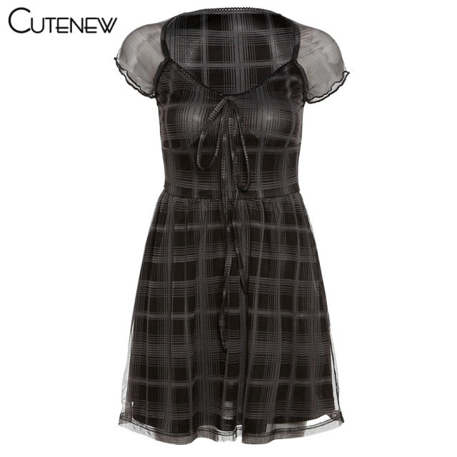 Cutenew Lattice Pattern A-Line Short Sleeve Mini Dress For Womens Clothes 2021 Summer Casual Stretch Comfortable Lady Streetwear