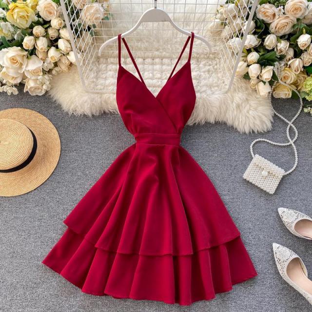 FTLZZ Summer Women V-neck Sling Cascade Ruffles Short Dress High Waist Slim Beach Backless Butterfly Bandage Red Dresses