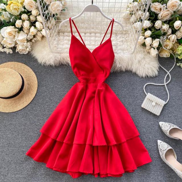 FTLZZ Summer Women V-neck Sling Cascade Ruffles Short Dress High Waist Slim Beach Backless Butterfly Bandage Red Dresses