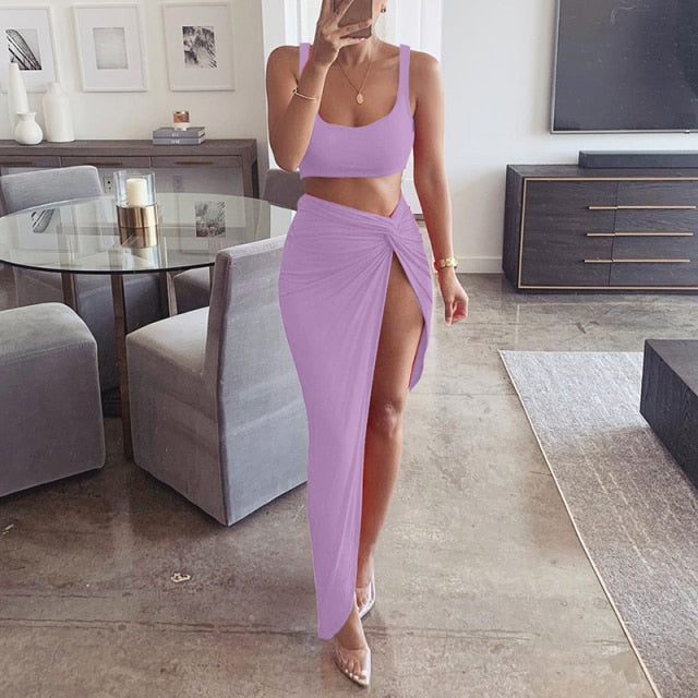 NewAsia Sexy Party 2 Piece Set Women Plus Size Crop Top Twist Side Split Long Skirts Matching Sets Club Two Piece Outfits 2021