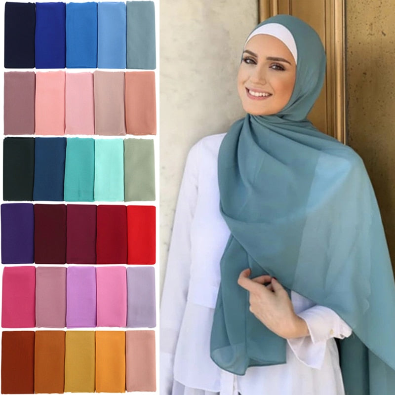 Muslim Bubble Chiffon Hijab Scarf Women Solid Color Soft Long Shawls and Wraps Georgette Islamic Head Scarves Ladies Hijabs