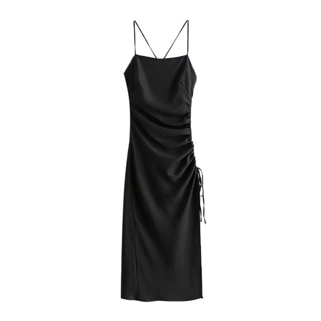 Chic Fashion Draped Detail with Adjustable Tie Midi Dress Vintage Backless Side Zipper Straps -Women's wear
