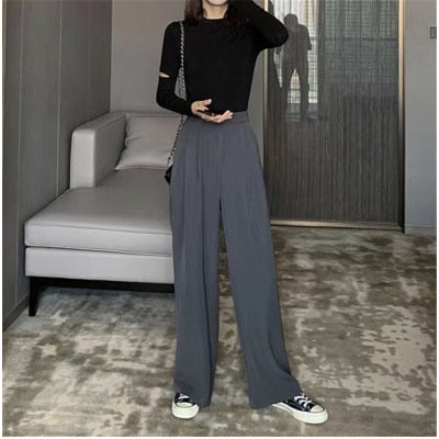 2021 Retro Solid Color Wild Straight Wide Leg Pants Female Spring New Korean Fashion High Waist Casual Long Pants