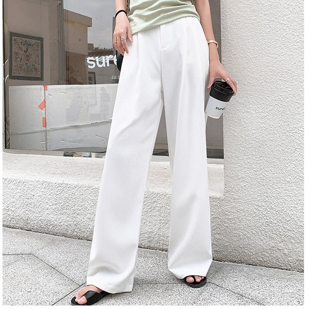 2021 Retro Solid Color Wild Straight Wide Leg Pants Female Spring New Korean Fashion High Waist Casual Long Pants