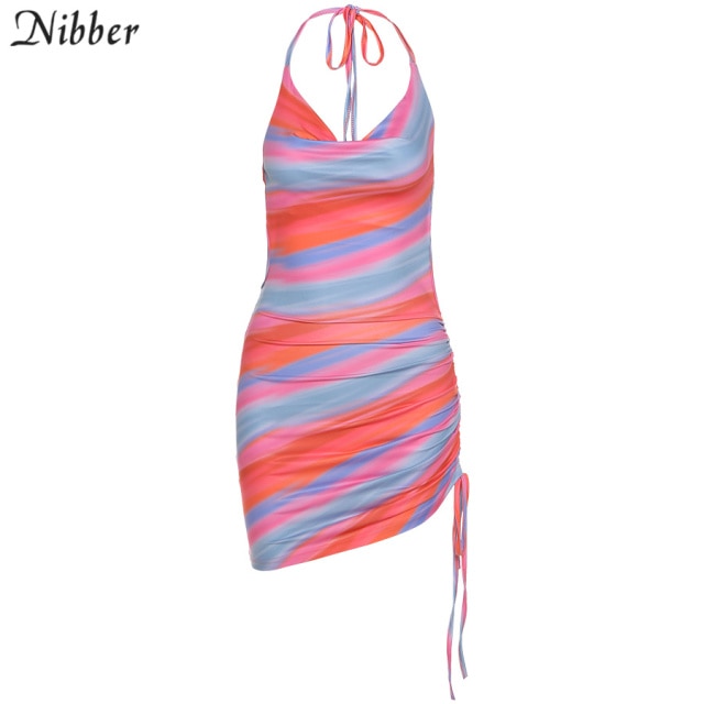 Nibber Sleeveless Multicolor Printing Cut Out Mini Wrap Dresses for Women's 2021 Summer Hot Deals Beach Bodycon Elegant Dresses