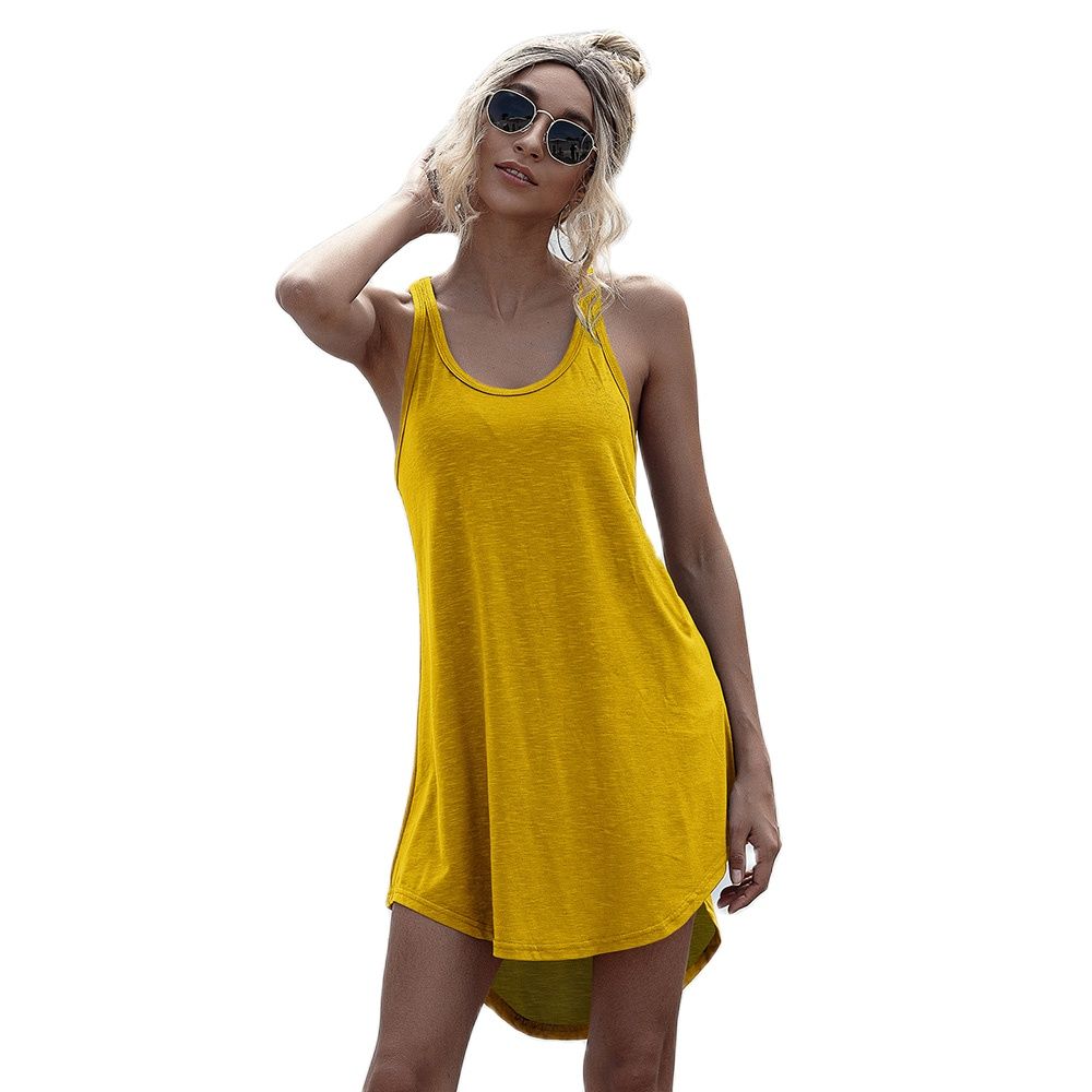 Solid Casual O-neck Sleeveless Tank Dress Loose Off Shoulder Cotton Mini Dress Summer -Women's wear
