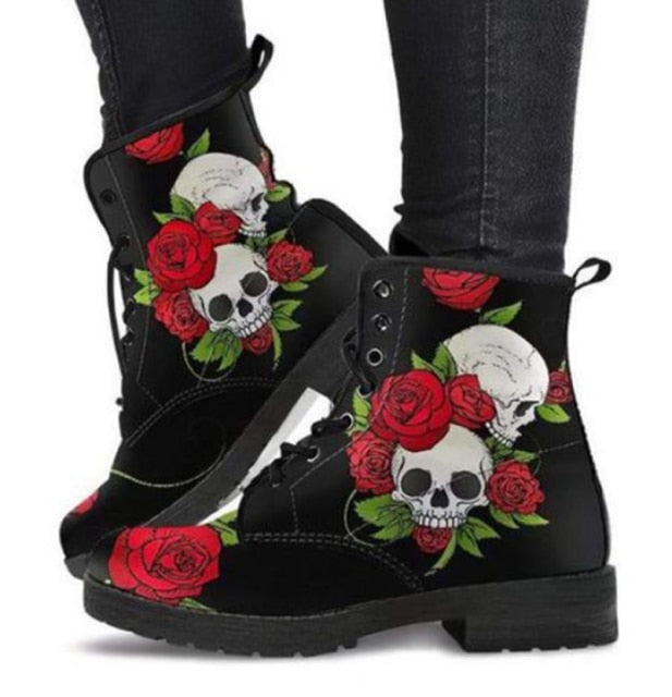 Digital Print Autumn Lady High Top Skull Pattern   British PU Women's Fashion Work Boots-women's