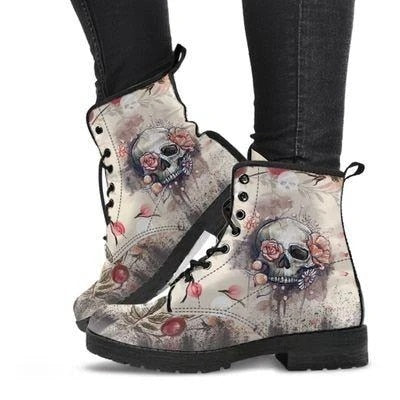 Digital Print Autumn Lady High Top Skull Pattern   British PU Women's Fashion Work Boots-women's