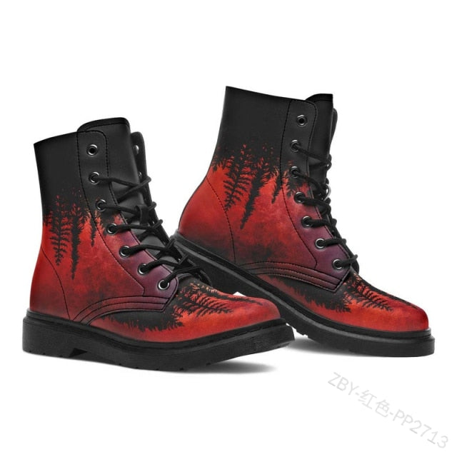 Digital Print Autumn Lady High Top Skull Pattern   British PU Women's Fashion Work Boots-women's