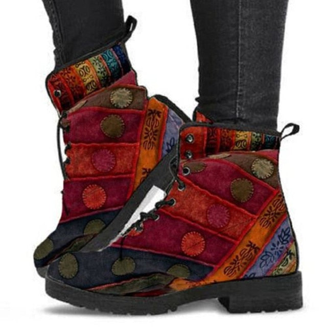 Digital Print Autumn Lady High Top Skull Pattern   British PU Women's Fashion Work Boots-women's