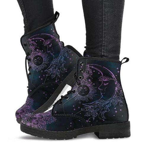 Digital Print Autumn Lady High Top Skull Pattern   British PU Women's Fashion Work Boots-women's