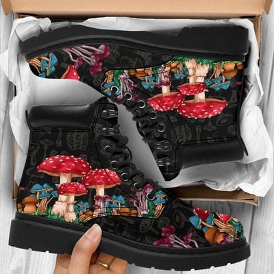 Digital Print Autumn Lady High Top Skull Pattern   British PU Women's Fashion Work Boots-women's