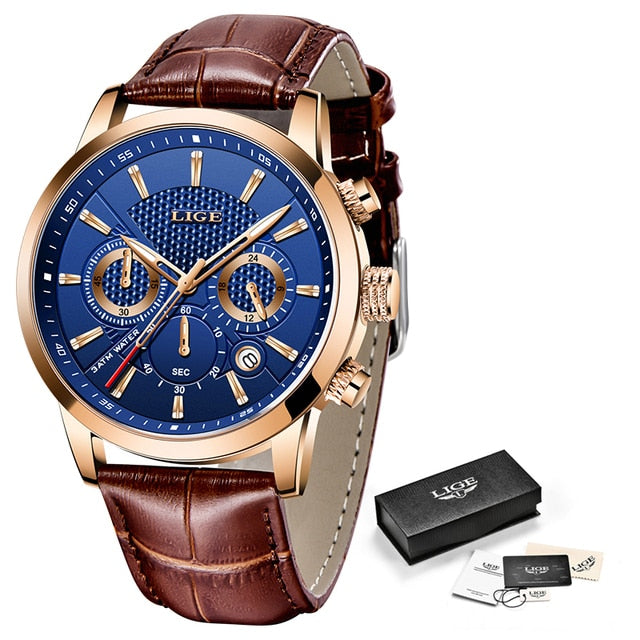 Mens Watches LIGE Top Brand Leather Chronograph Waterproof Sport Automatic Date Quartz Watch For Men -Gear Up