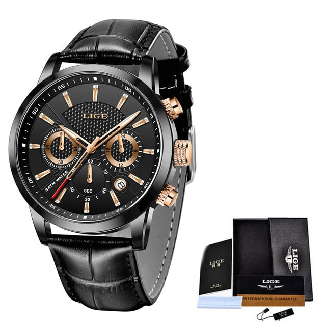 Mens Watches LIGE Top Brand Leather Chronograph Waterproof Sport Automatic Date Quartz Watch For Men -Gear Up