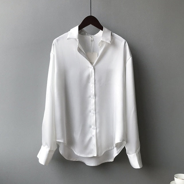 Autumn Fashion Button Up Satin Silk Shirt Vintage Blouse Women White Lady Long Sleeves Female Loose Street Shirts 11355