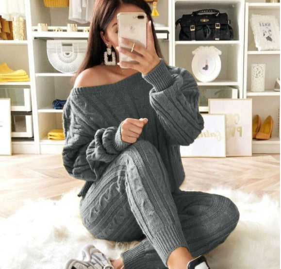 Autumn and Winter women's knitting Costume Solid Color V-neck Twist Sweater Elastic Pants Knit Suit Pants Two-piece Sets