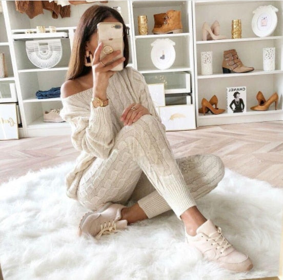 Autumn and Winter women's knitting Costume Solid Color V-neck Twist Sweater Elastic Pants Knit Suit Pants Two-piece Sets