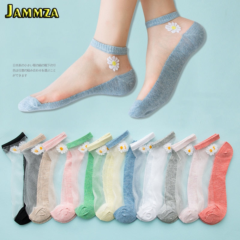5Pairs/Lot Summer Woman Socks Ankle Ultra-thin Silk Transparent Cass Glass Fiber Fashion Daisy Flower Harajuku Cute Style as0006