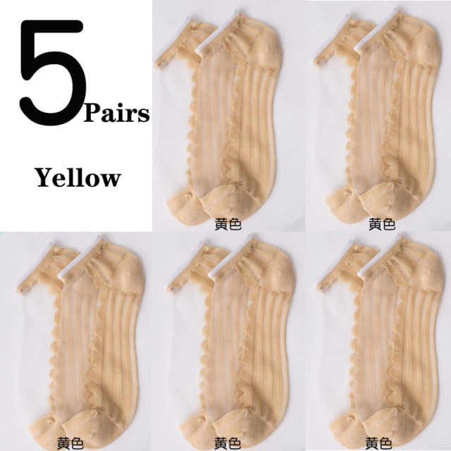 5Pairs/Lot Summer Woman Socks Ankle Ultra-thin Silk Transparent Cass Glass Fiber Fashion Daisy Flower Harajuku Cute Style as0006