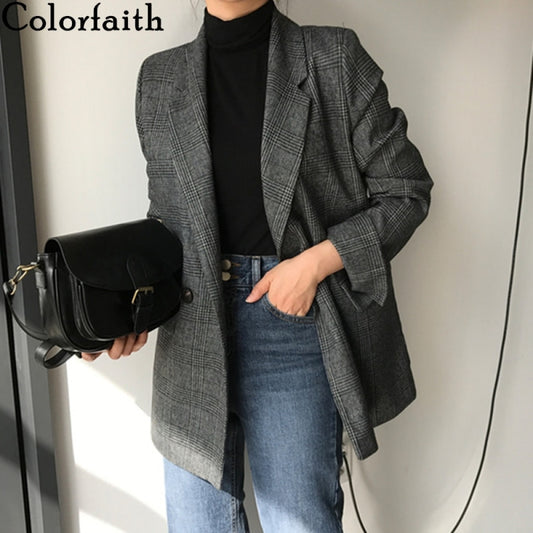 Colorfaith Winter Spring Women's Blazers Plaid Double Breasted Pockets-women's wear