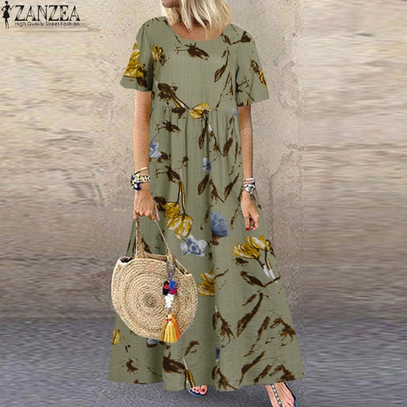 ZANZEA Summer Maxi Dress Women's Printed Sundress Casual Short Sleeve  High Waist Robe-women's wear