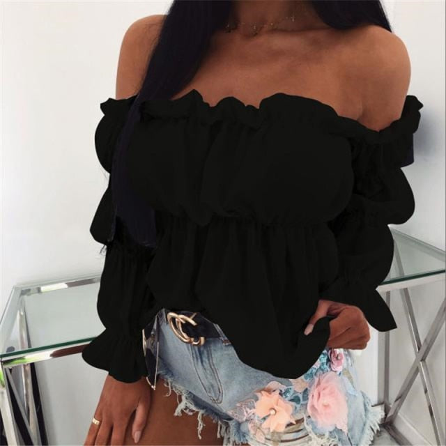 Hirigin 2021 Elegant Women Off Shoulder Chiffon Blouse Fashion Solid Color Pleated Sexy Shirt New Office Street Tops and Blouses