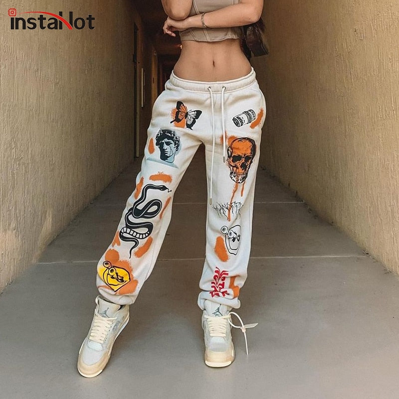 InstaHot Women Sweat Pant Harajuku Cartoon Printed Trousers Jogger 2021 Drawstring Cargo Pant Streetwear Casual Sweatpant Autumn