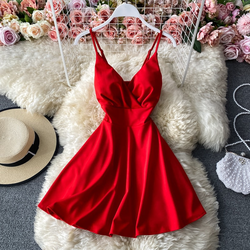 Wavsiyier Sexy Boho Vintage 2021 Solid Red Dress Sleeveless Summer Beach Spaghetti Strap Backless Women Runway Party Sundress