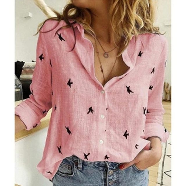 Casual Long Sleeve Birds Print Loose Shirts Women Oversized Cotton and Linen Blouses and Tops Vintage Streetwear Tunic Tees-women's wear
