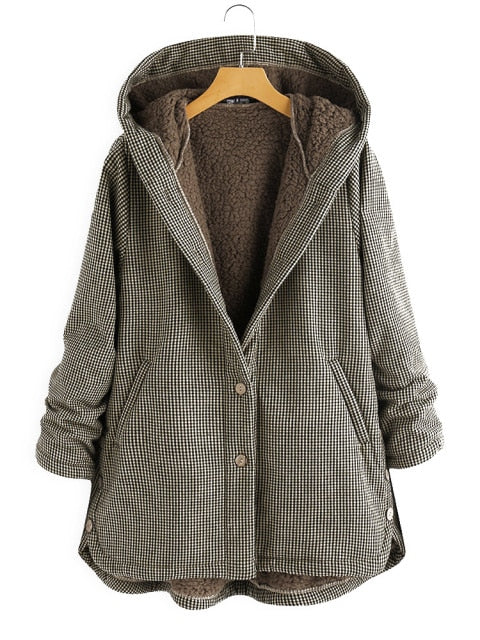 Coat Autumn And Winter New Women's Plaid Loose Plus Velvet Buttons High Street Hooded Jacket  Manteau Femme  En*