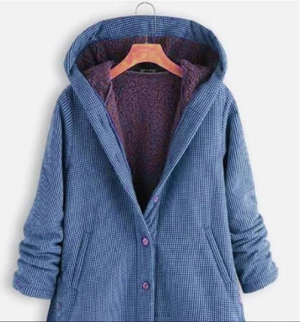 Coat Autumn And Winter New Women's Plaid Loose Plus Velvet Buttons High Street Hooded Jacket  Manteau Femme  En*