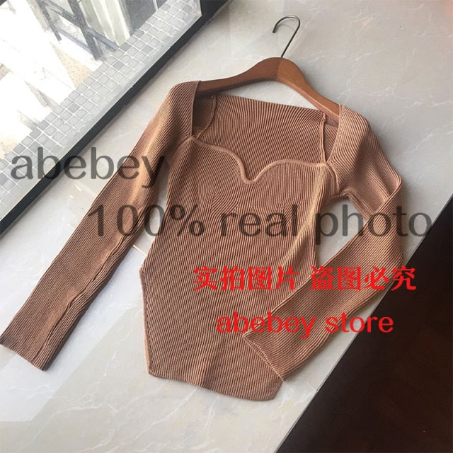 2021 new spring and summer fashion women clothes sqaure collar full sleeves elastic high waist sexy pullover WK080