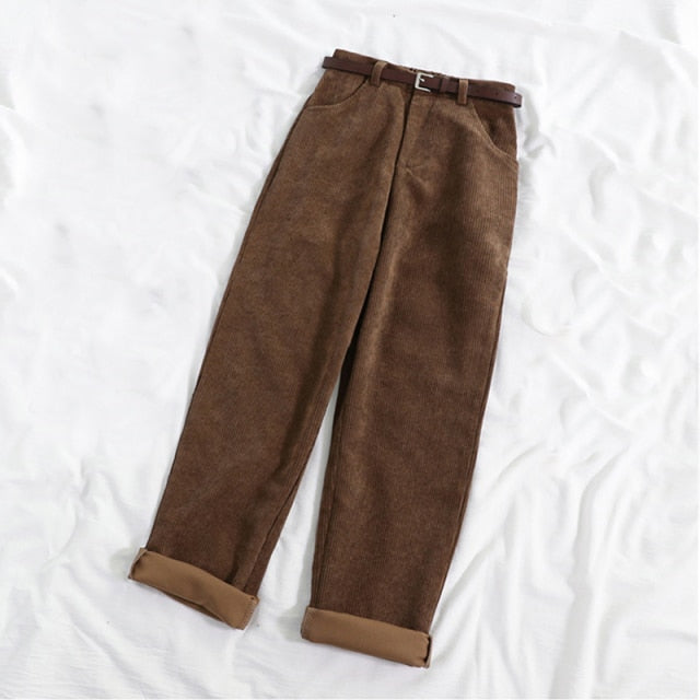 JMPRS New 2021 Women Spring Corduroy Pants High Waist Autumn Vintage Korean Wide Leg Pants Elegant Belt Loose Cotton Streetwear