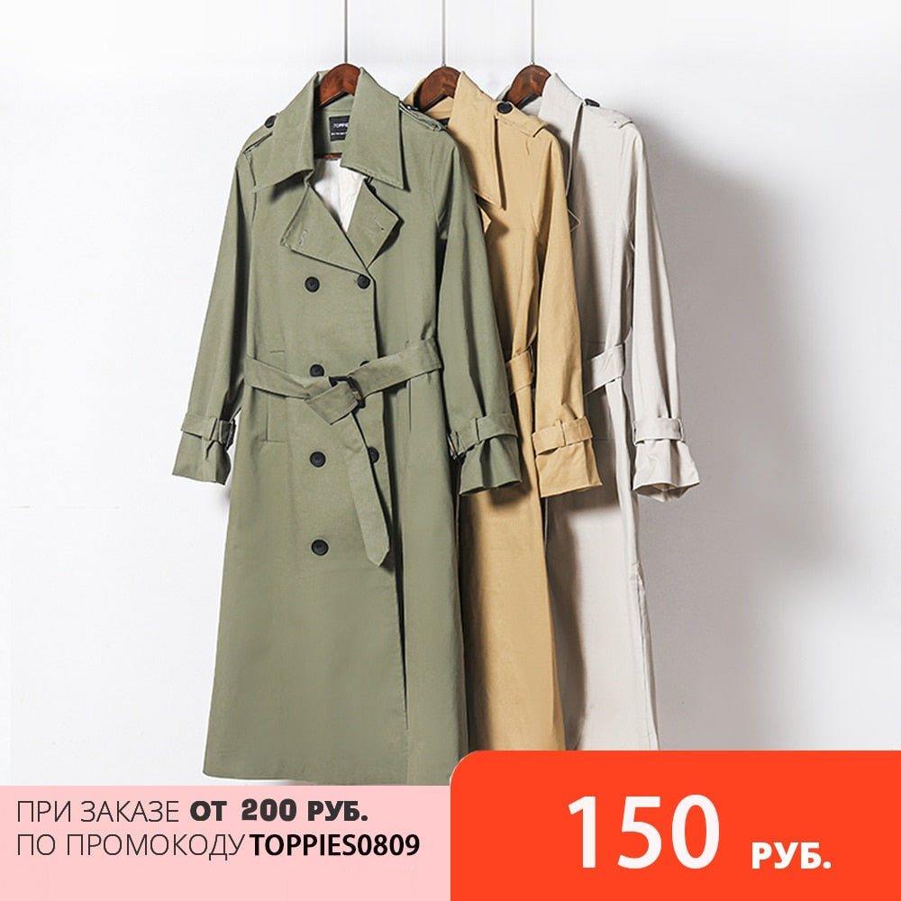 Toppies 2021 Spring Long Trench Coat Women Double Breasted Slim Trench Coat Female Outwear Fashion Windbreaker
