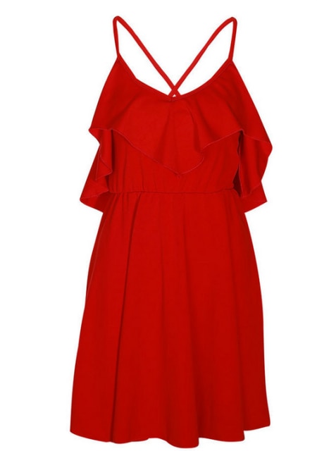 Ruffles V Neck Red Mini Dress Summer Women  Short Backless Spaghetti Strap -women's wear