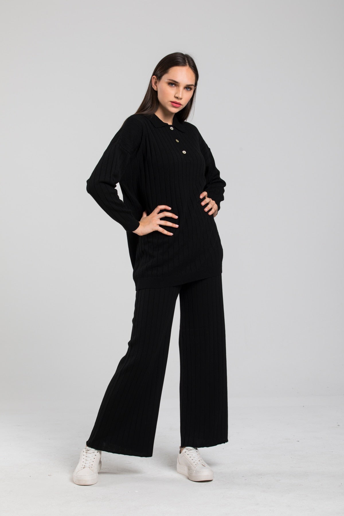 Women's Black Oversized Long Sleeve Bottom Top Knitwear Suit - Made in Turkey
