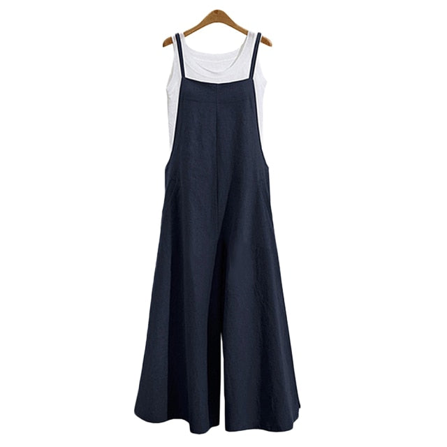 Women Strap Loose Jumpsuit Summer Casual Wide Leg Pants Solid Dungaree Bib Overalls Sleeveless Oversized Cotton Linen Jumpsuits