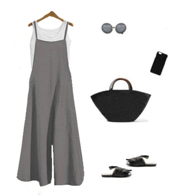 Women Strap Loose Jumpsuit Summer Casual Wide Leg Pants Solid Dungaree Bib Overalls Sleeveless Oversized Cotton Linen Jumpsuits