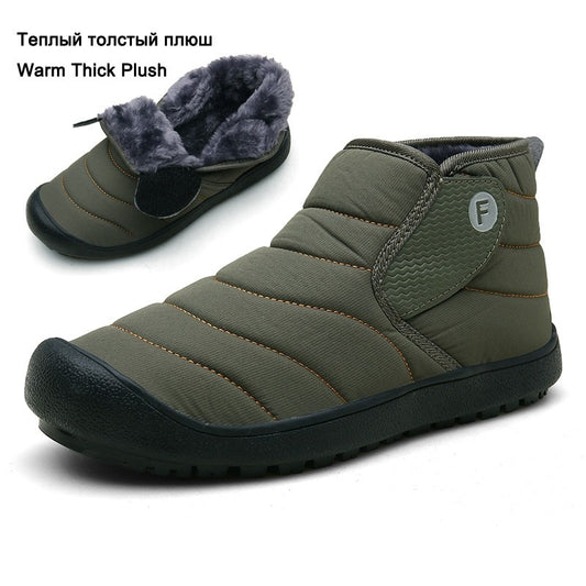 Winter Snow Boots Plush Outdoor Men's Sneakers 36-46 Warm Fur Ankle Waterproof Army Green Boots- Men's wear