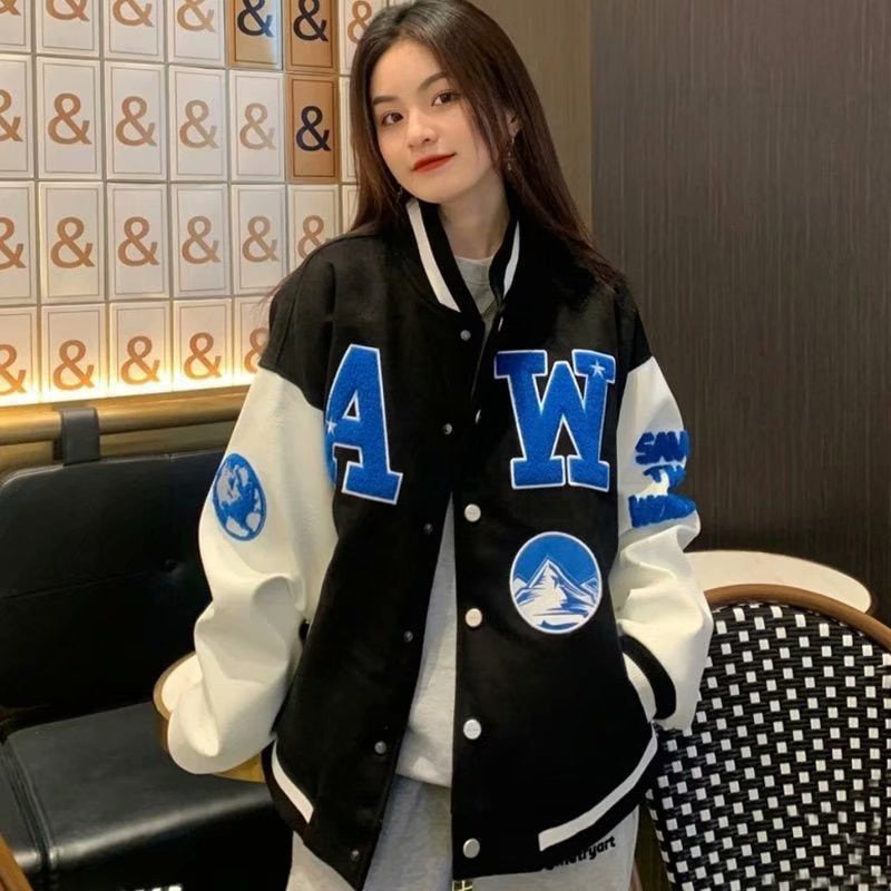 Women Letter Print Baseball Uniform 2021 New Single Breasted Patchwork Oversize Jacket Korean Style Harajuku Loose Unisex Coat