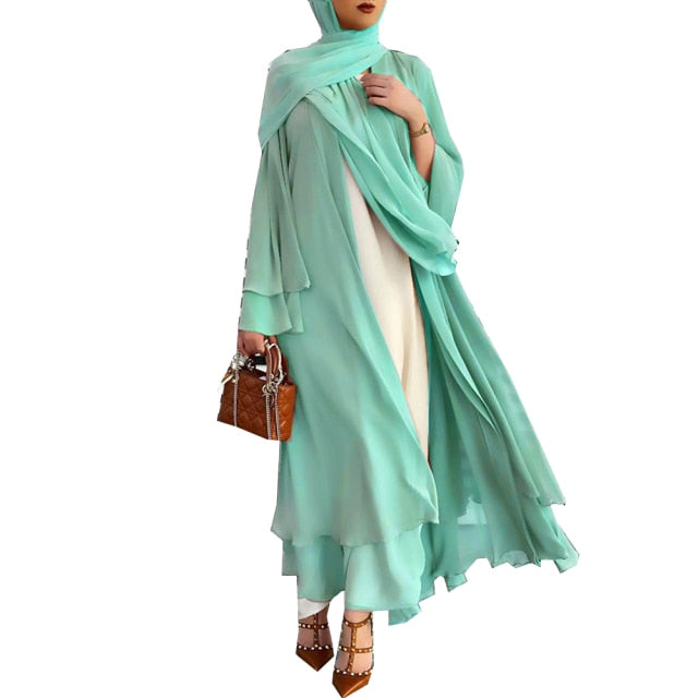 Chiffon Open Abaya Kimono Dubai Turkey Kaftan Cardigan Dresses For Women -Women's