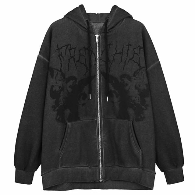 Hip Hop Streetwear Women Hoodies Goth Angel Dark Print Zipper Jacket Coat Harajuku Y2K Hooded Top Clothes Men Women Punk Outwear