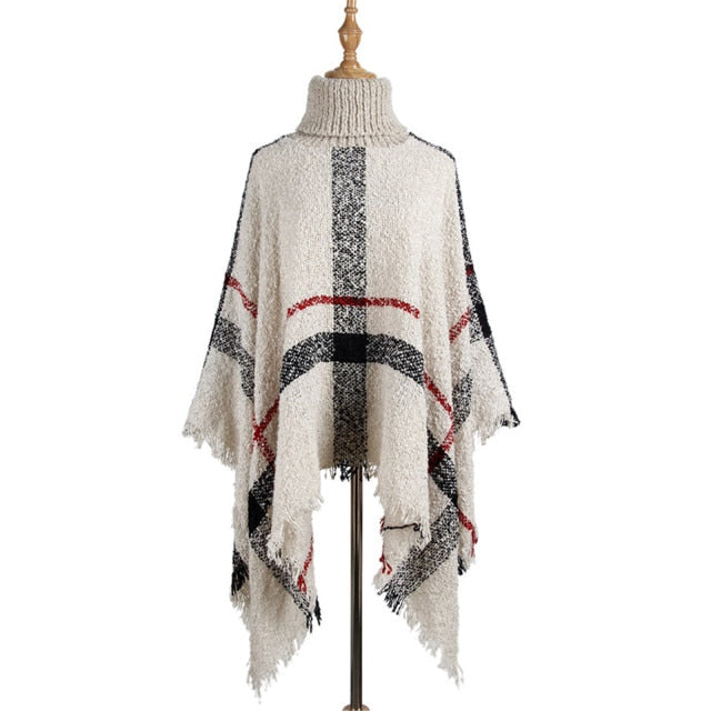 2021 new sweater women European and American mid-length high neck tassel cloak shawl loose large size sweater