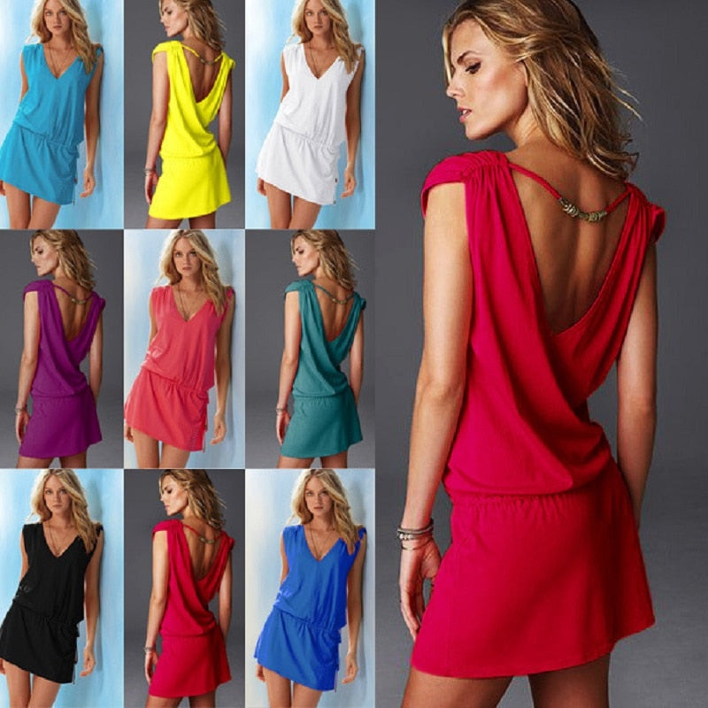 Summer Dress Women Beach Vestidos Sleeveless Sexy V Neck Backless Cotton Elastic Waist Casual Mini Plus Size Dress Red 2021 New