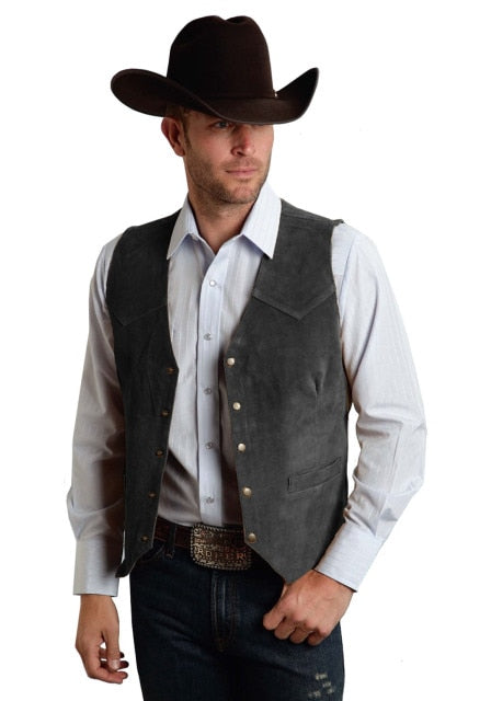 Men's Cow Leather Western Denim Suit Vest Steampunk Style Waistcoat Summer Party S-XXXL