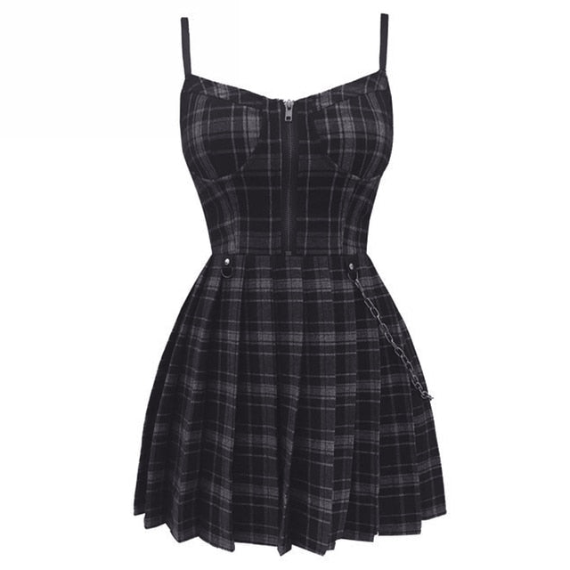 Gothic Girls Plaid Pleated Dress Y2K Punk Preppy Red Black Spaghetti Strap Zip Up Robe Femme Mini Short Dresses Goth Streetwear