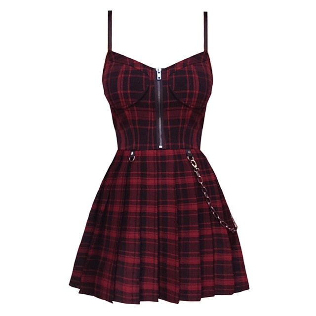 Gothic Girls Plaid Pleated Dress Y2K Punk Preppy Red Black Spaghetti Strap Zip Up Robe Femme Mini Short Dresses Goth Streetwear