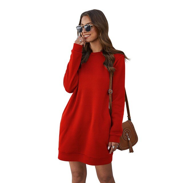 Women Winter Warm Sweatshirt Dress Round Neck Thicken Long Sleeve Party Mini Party Dress-women's wear