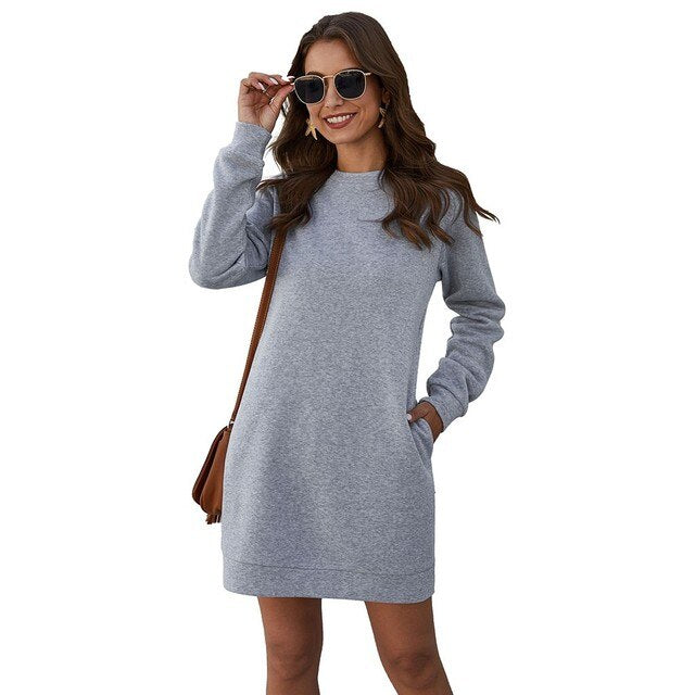 Women Winter Warm Sweatshirt Dress Round Neck Thicken Long Sleeve Party Mini Party Dress-women's wear